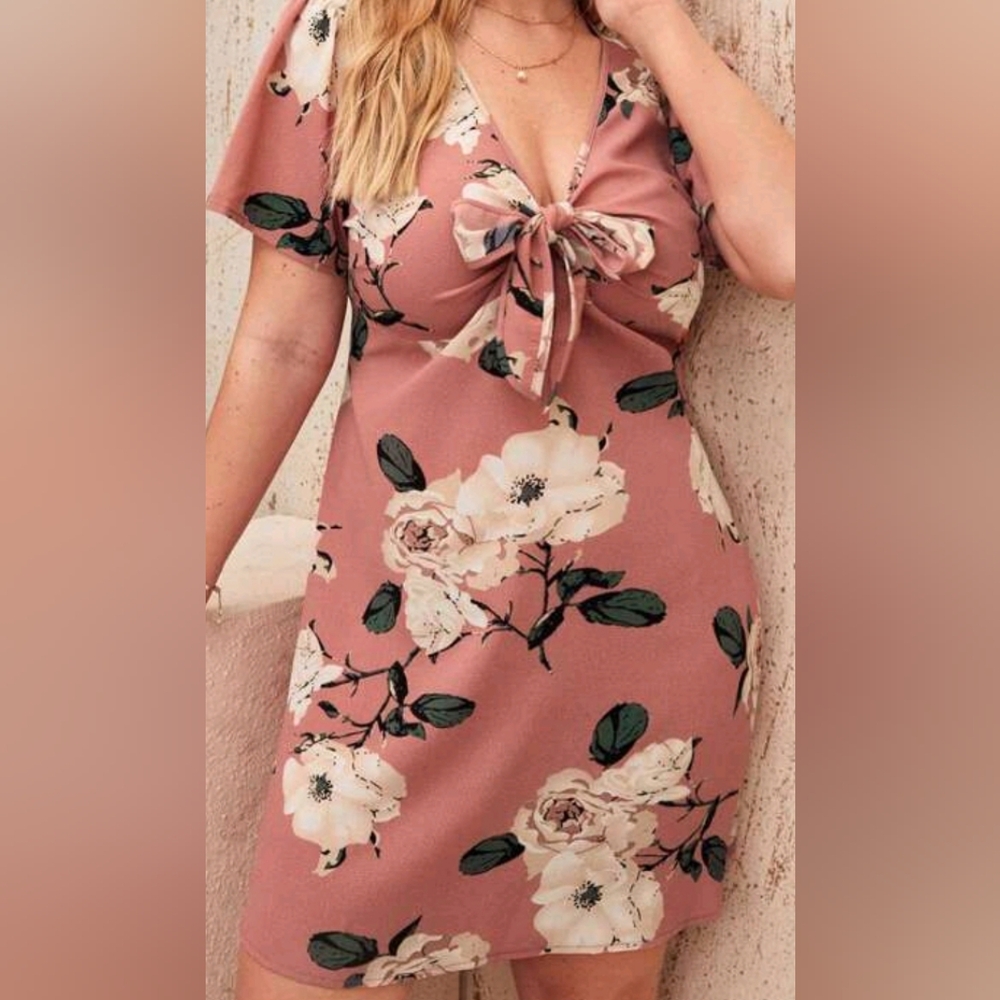 Pink Floral Tie Front Summer Dress Size XL/12